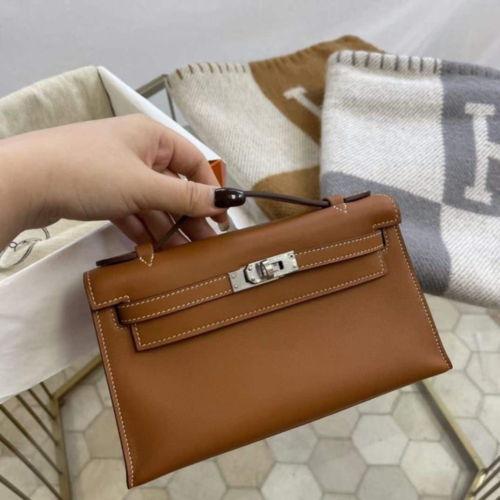 1:1 Replica Hermes Mini Kelly KP Pochette Black/Khaki Green/Yellow/Brown For Women 22cm / 8.7in - Image 27
