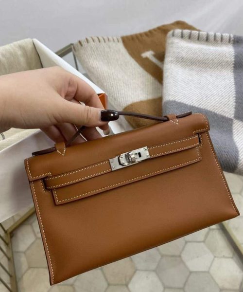 1:1 Replica Hermes Mini Kelly KP Pochette Black/Khaki Green/Yellow/Brown For Women 22cm / 8.7in