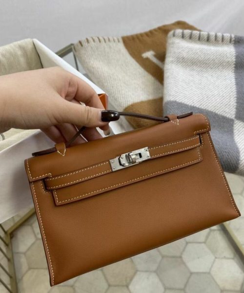 1:1 Replica Hermes Mini Kelly KP Pochette Black/Khaki Green/Yellow/Brown For Women 22cm / 8.7in