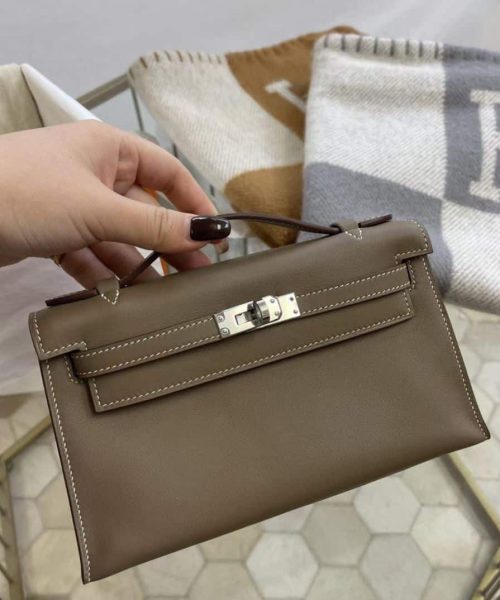 1:1 Replica Hermes Mini Kelly KP Pochette Black/Khaki Green/Yellow/Brown For Women 22cm / 8.7in