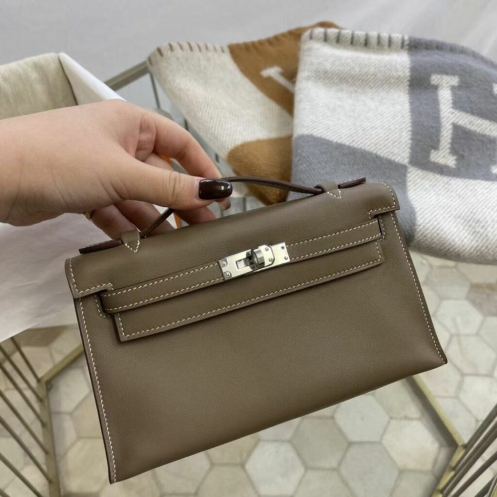 1:1 Replica Hermes Mini Kelly KP Pochette Black/Khaki Green/Yellow/Brown For Women 22cm / 8.7in - Image 32