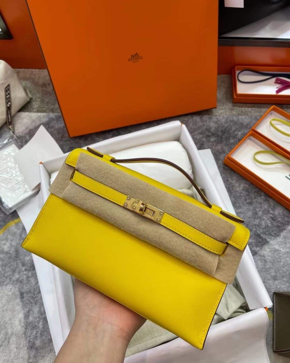 1:1 Replica Hermes Mini Kelly KP Pochette Black/Light Brown/Pink/Yellow/White For Women 22cm / 8.7in