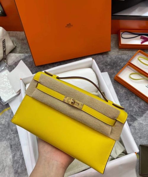 1:1 Replica Hermes Mini Kelly KP Pochette Black/Light Brown/Pink/Yellow/White For Women 22cm / 8.7in