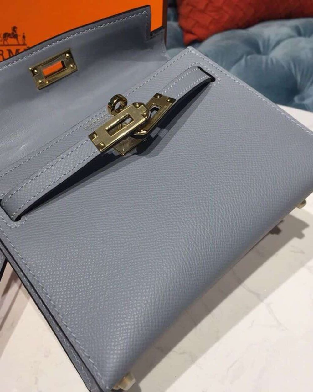 1:1 Replica Hermes Mini Kelly Light Blue For Women Gold Toned Hardware 7.5in/19cm