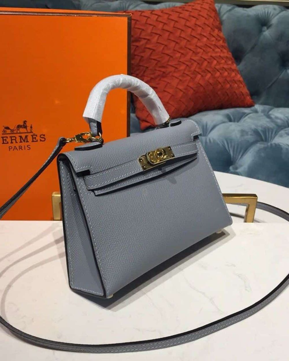 1:1 Replica Hermes Mini Kelly Light Blue For Women Gold Toned Hardware 7.5in/19cm