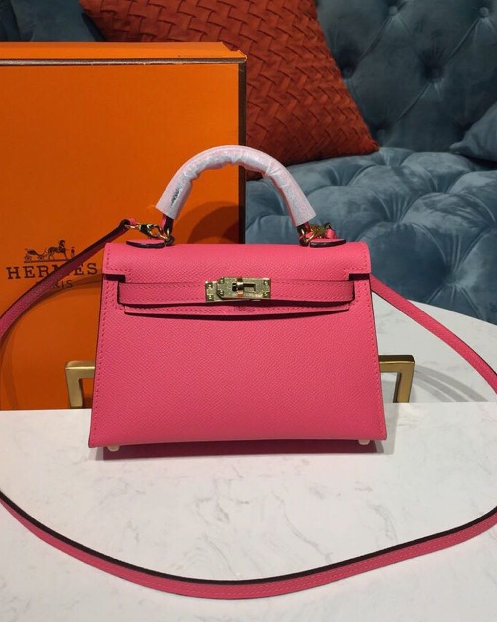1:1 Replica Hermes Mini Kelly Rose Tyrien For Women Gold Toned Hardware 7.5in/19cm