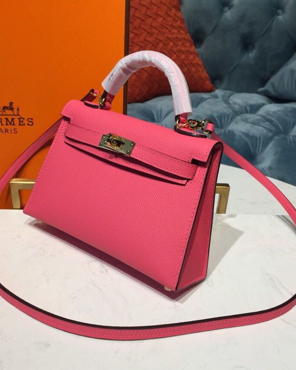 1:1 Replica Hermes Mini Kelly Rose Tyrien For Women Gold Toned Hardware 7.5in/19cm