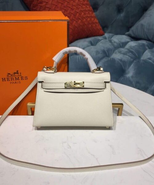 1:1 Replica Hermes Mini Kelly White For Women Gold Toned Hardware 7.5in/19cm