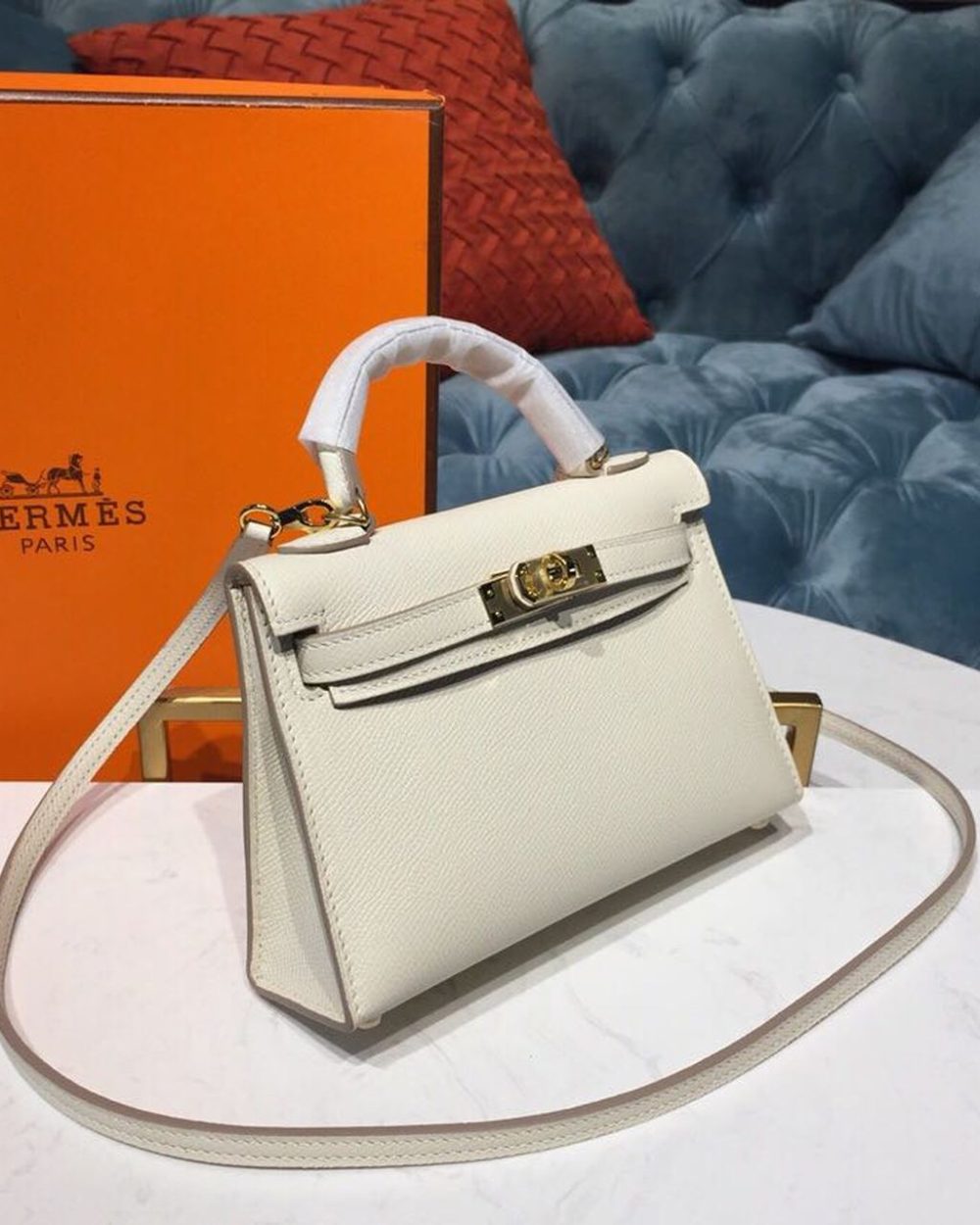 1:1 Replica Hermes Mini Kelly White For Women Gold Toned Hardware 7.5in/19cm