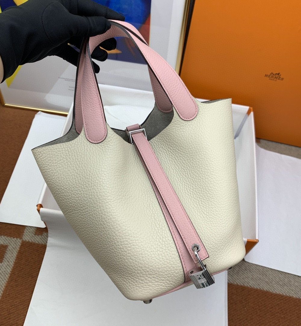1:1 Replica Hermes Picotin Lock 18 Bag Beige/Pink With Silver-Toned Hardware For Women, Women's Handbags 7.1in/18cm