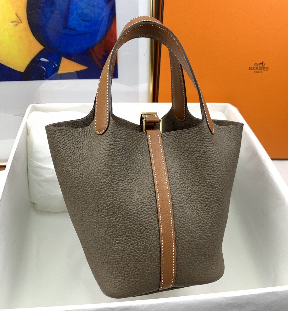 1:1 Replica Hermes Picotin Lock 18 Bag Etoupe/Brown With Gold-Toned Hardware For Women, Women's Handbags 7.1in/18cm