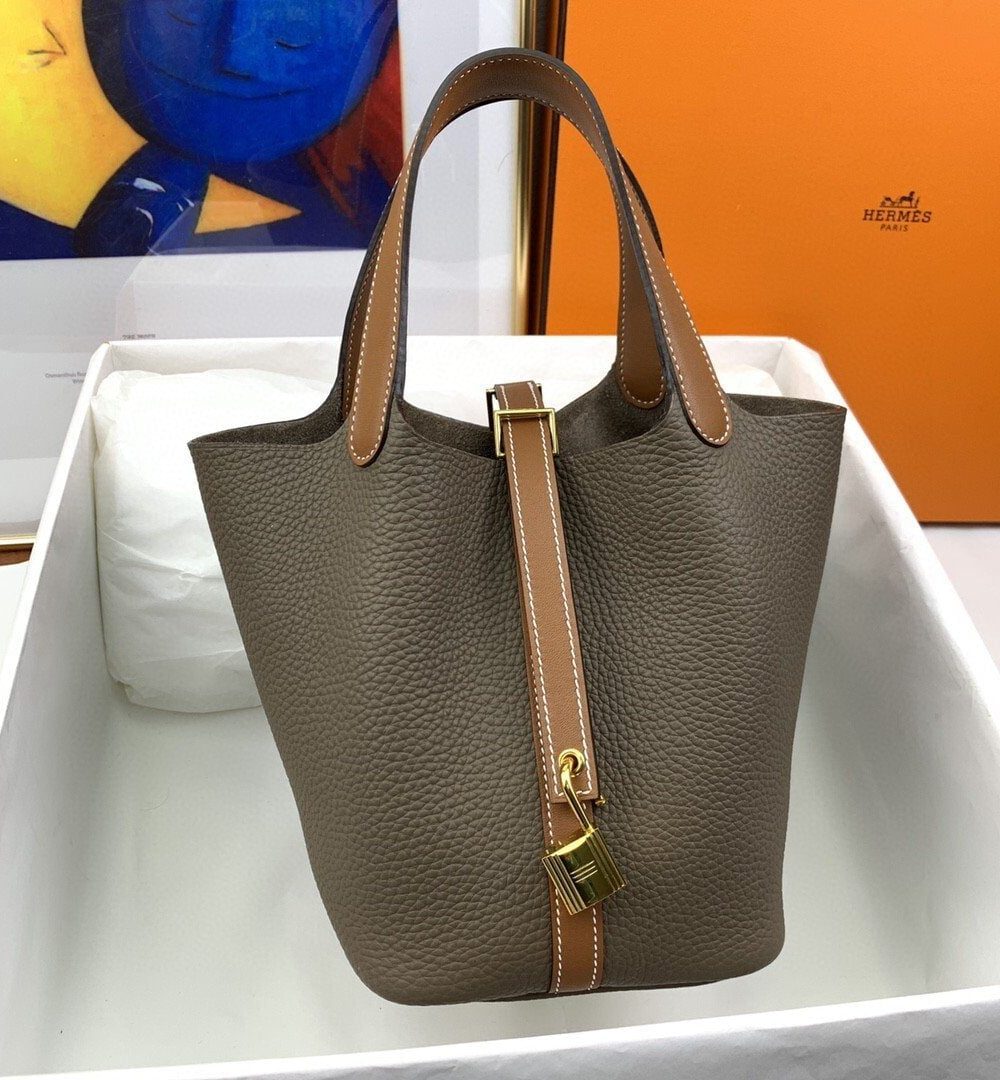 1:1 Replica Hermes Picotin Lock 18 Bag Etoupe/Brown With Gold-Toned Hardware For Women, Women's Handbags 7.1in/18cm