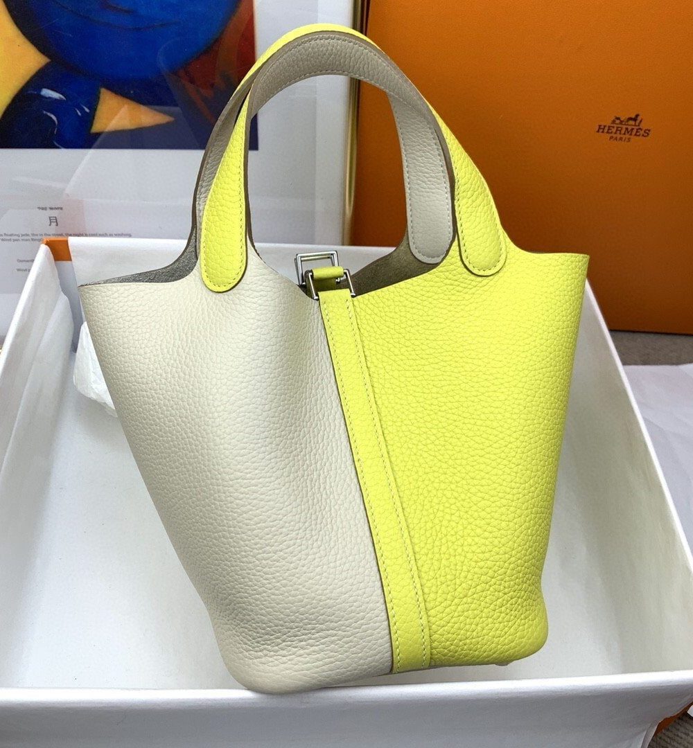 1:1 Replica Hermes Picotin Lock 18 Bag White/Yellow With Silver-Toned Hardware For Women, Women's Handbags 7.1in/18cm