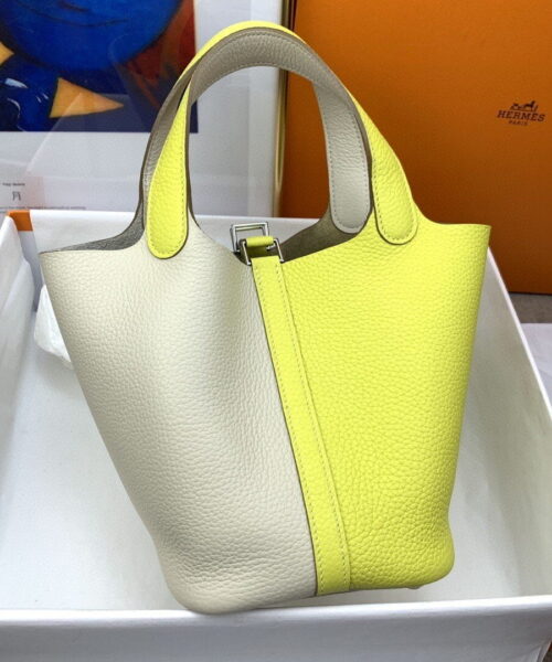 1:1 Replica Hermes Picotin Lock 18 Bag White/Yellow With Silver-Toned Hardware For Women, Women's Handbags 7.1in/18cm