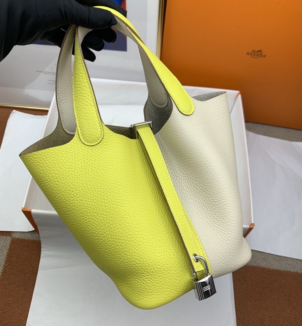 1:1 Replica Hermes Picotin Lock 18 Bag White/Yellow With Silver-Toned Hardware For Women, Women's Handbags 7.1in/18cm