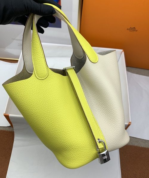1:1 Replica Hermes Picotin Lock 18 Bag White/Yellow With Silver-Toned Hardware For Women, Women's Handbags 7.1in/18cm