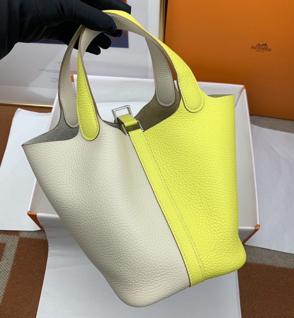 1:1 Replica Hermes Picotin Lock 18 Bag White/Yellow With Silver-Toned Hardware For Women, Women's Handbags 7.1in/18cm