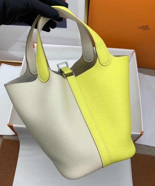 1:1 Replica Hermes Picotin Lock 18 Bag White/Yellow With Silver-Toned Hardware For Women, Women's Handbags 7.1in/18cm
