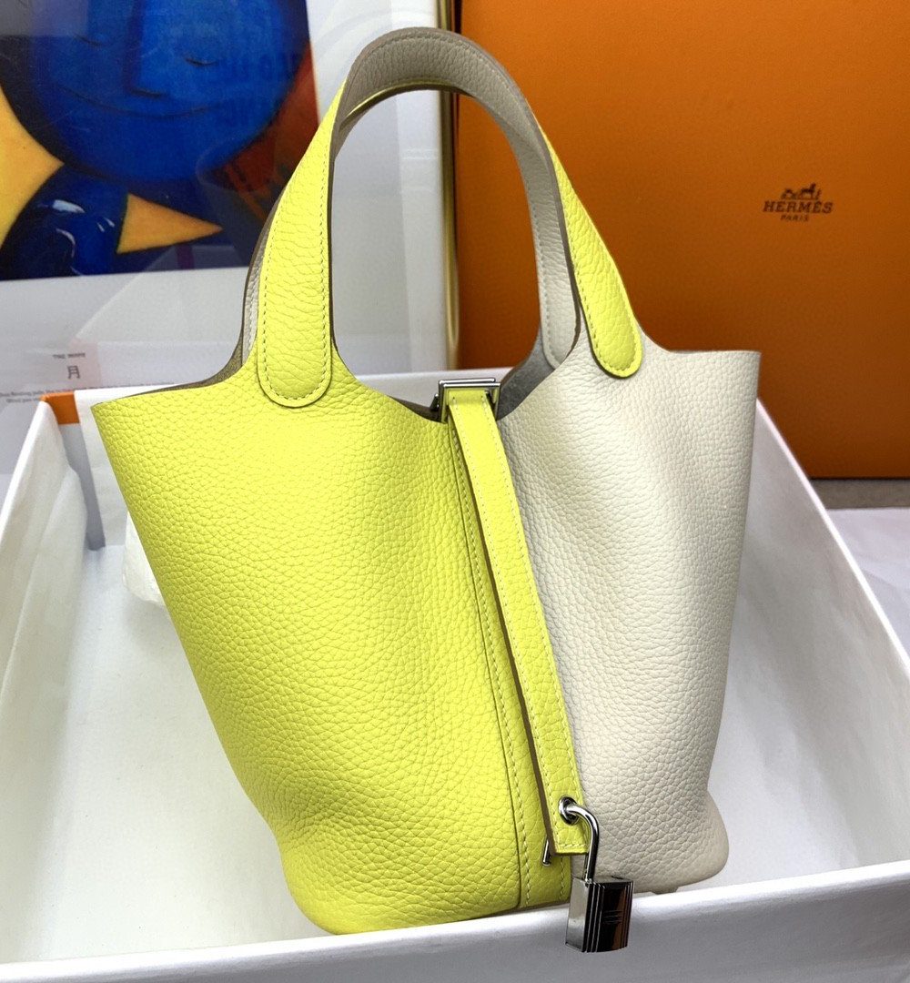 1:1 Replica Hermes Picotin Lock 18 Bag White/Yellow With Silver-Toned Hardware For Women, Women's Handbags 7.1in/18cm