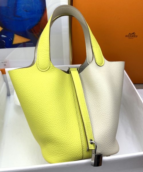 1:1 Replica Hermes Picotin Lock 18 Bag White/Yellow With Silver-Toned Hardware For Women, Women's Handbags 7.1in/18cm