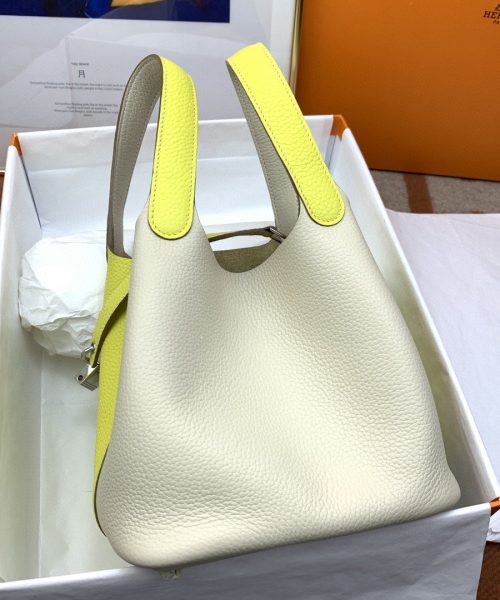 1:1 Replica Hermes Picotin Lock 18 Bag White/Yellow With Silver-Toned Hardware For Women, Women's Handbags 7.1in/18cm