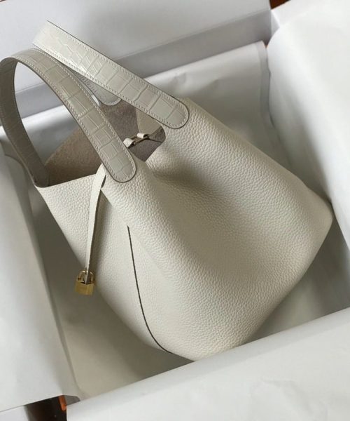 1:1 Replica Hermes Picotin Lock 18 White Bag With Gold-Toned Hardware For Women, Women's Handbags 7.1in/18cm