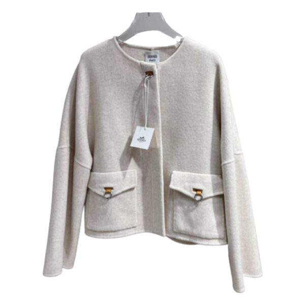 Hermes Round Neck Pocket Jacket Cream For Women