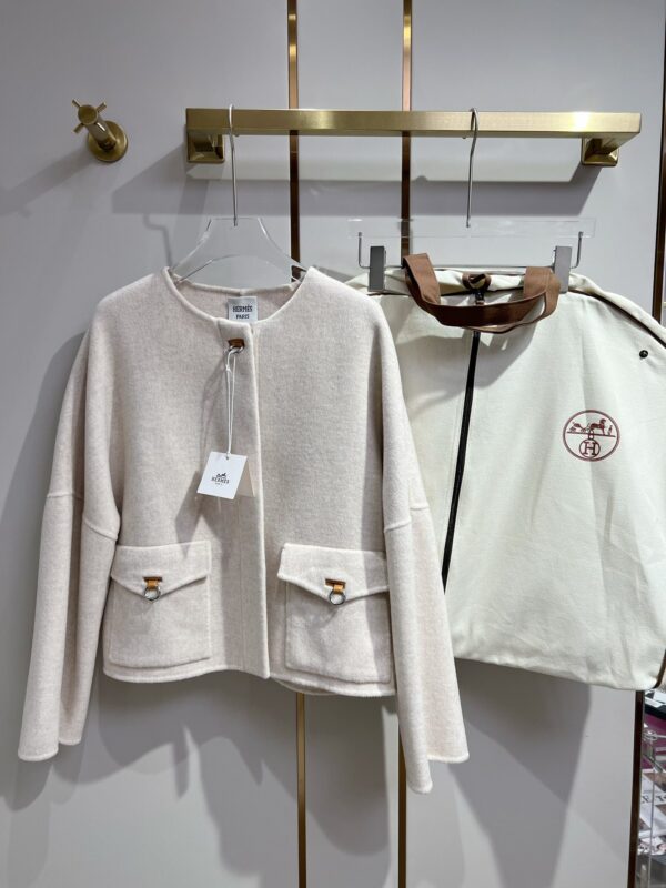 Hermes Round Neck Pocket Jacket Cream For Women