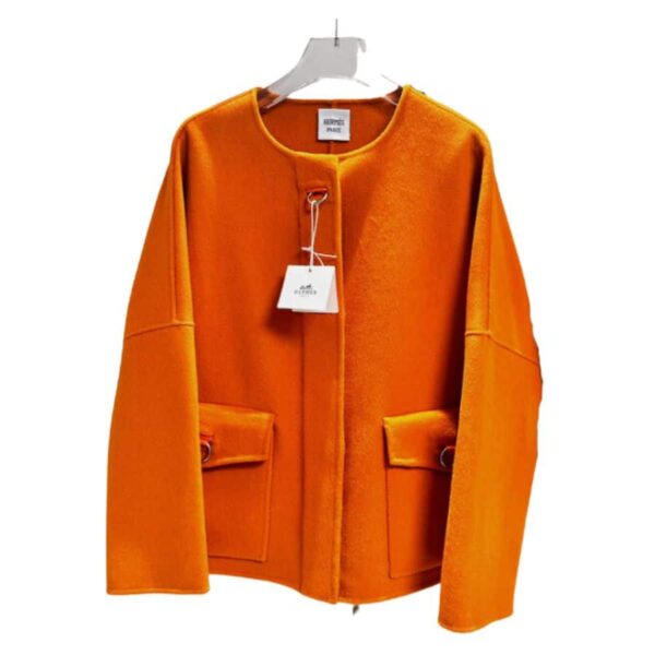 Hermes Round Neck Pocket Jacket Orange For Women
