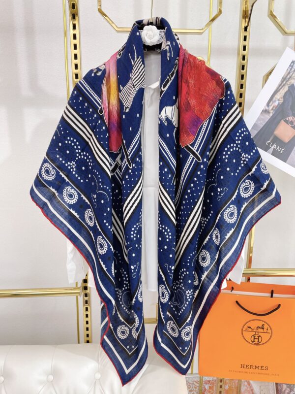 Hermes Silk Square Multiciolor Flower in Blue Scarf 140cm/55in 