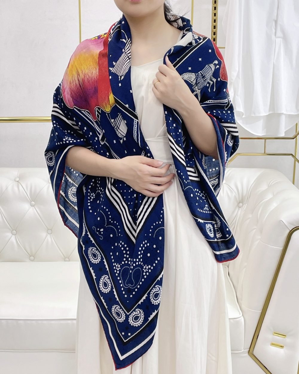 Hermes Silk Square Multiciolor Flower in Blue Scarf 140cm/55in 