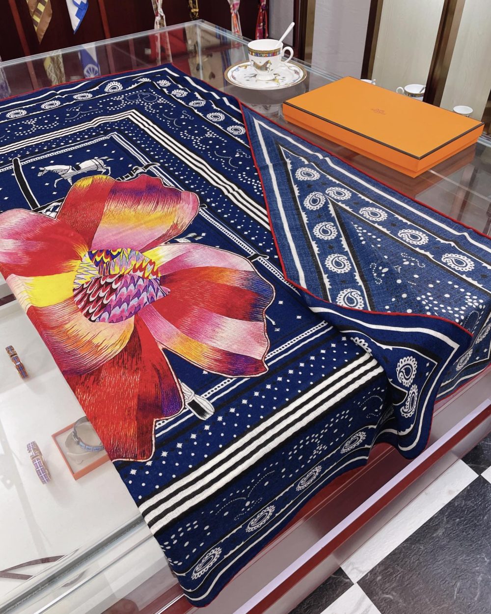 Hermes Silk Square Multiciolor Flower in Blue Scarf 140cm/55in 