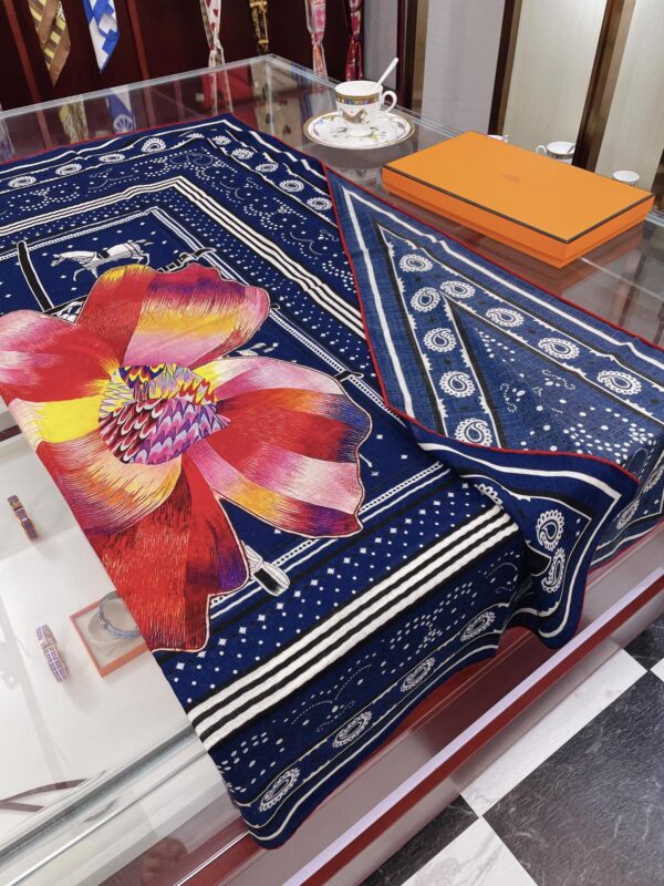 Hermes Silk Square Multiciolor Flower in Blue Scarf 140cm/55in 