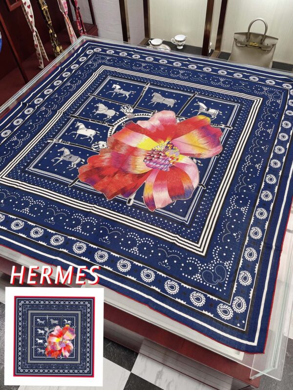 Hermes Silk Square Multiciolor Flower in Blue Scarf 140cm/55in 
