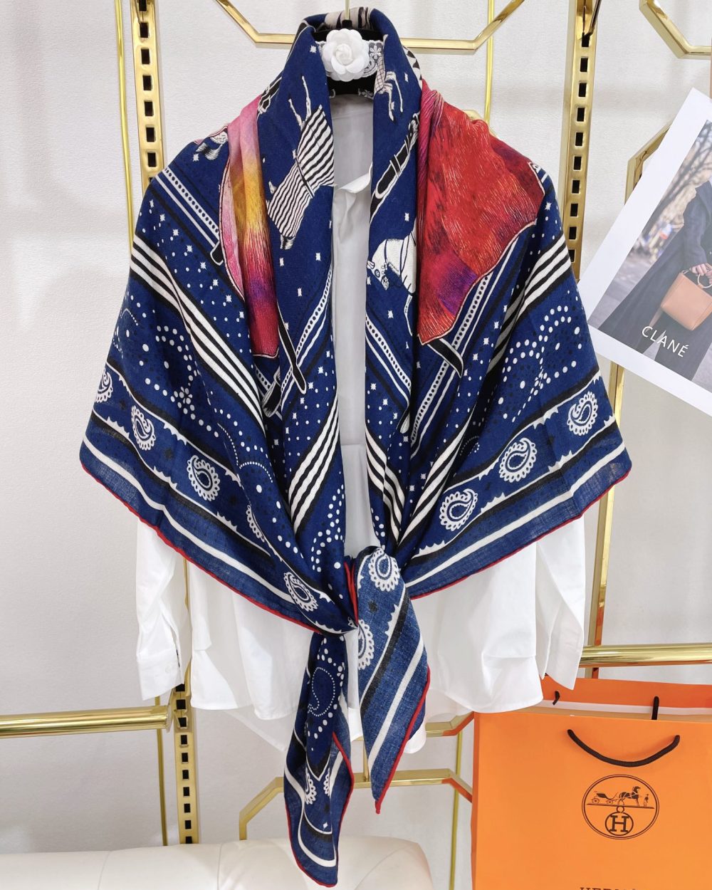 Hermes Silk Square Multiciolor Flower in Blue Scarf 140cm/55in 