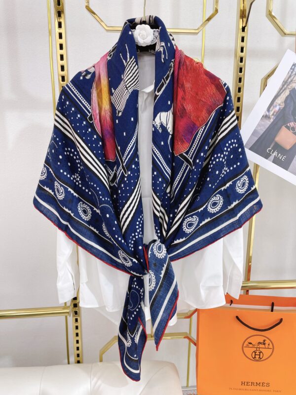 Hermes Silk Square Multiciolor Flower in Blue Scarf 140cm/55in 