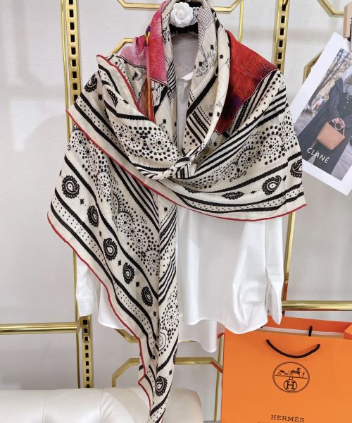 Hermes Silk Square Multiciolor Flower in White Scarf 140cm/55in 