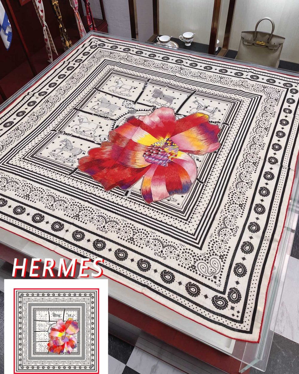 Hermes Silk Square Multiciolor Flower in White Scarf 140cm/55in 