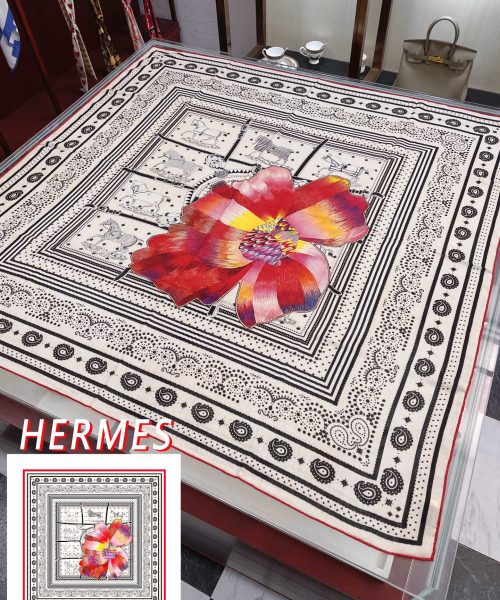 Hermes Silk Square Multiciolor Flower in White Scarf 140cm/55in 