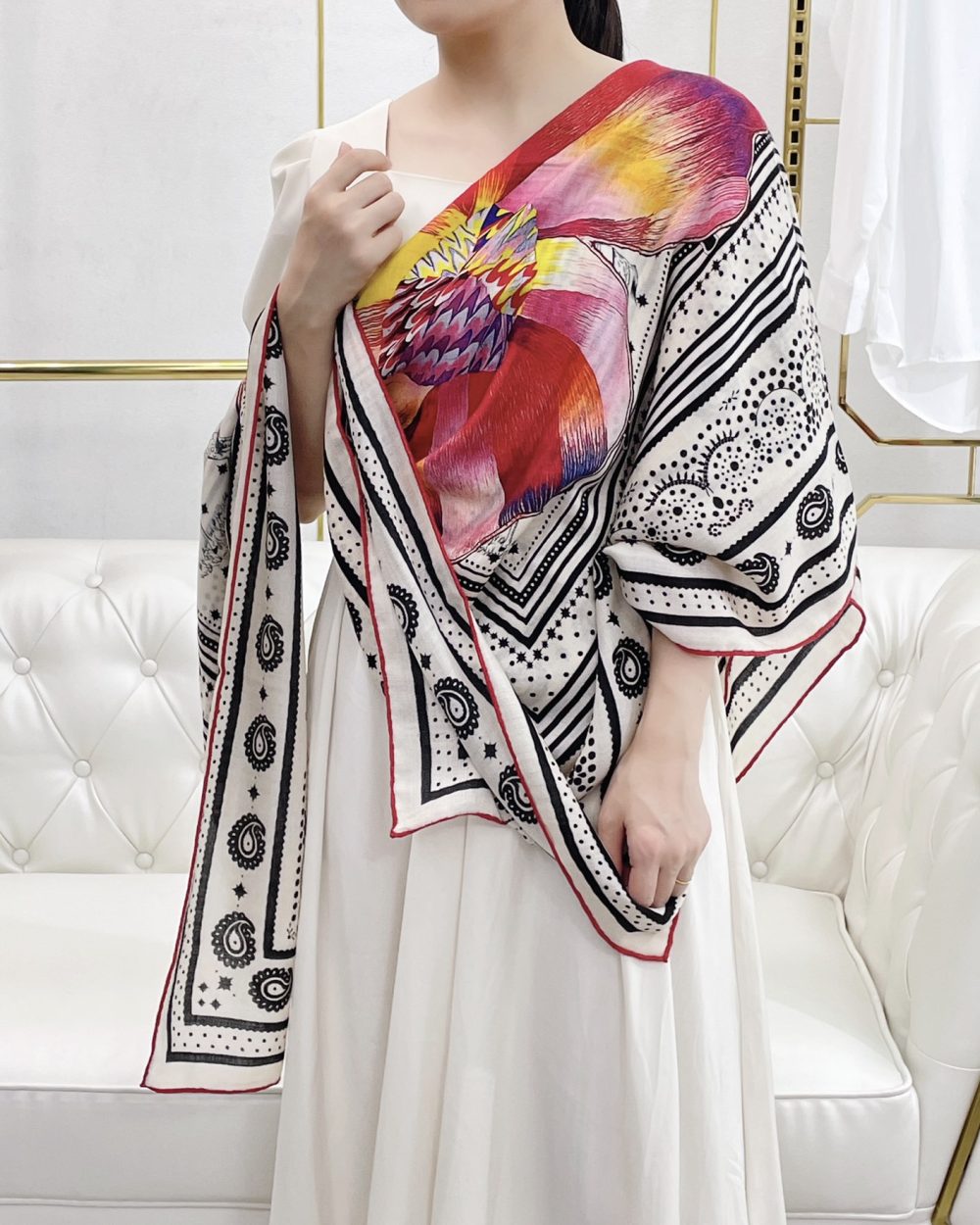 Hermes Silk Square Multiciolor Flower in White Scarf 140cm/55in 