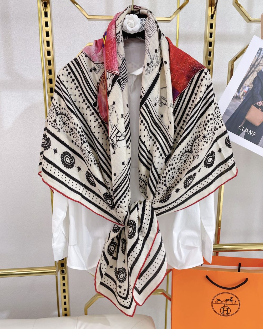 Hermes Silk Square Multiciolor Flower in White Scarf 140cm/55in 