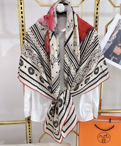 Hermes Silk Square Multiciolor Flower in White Scarf 140cm/55in 