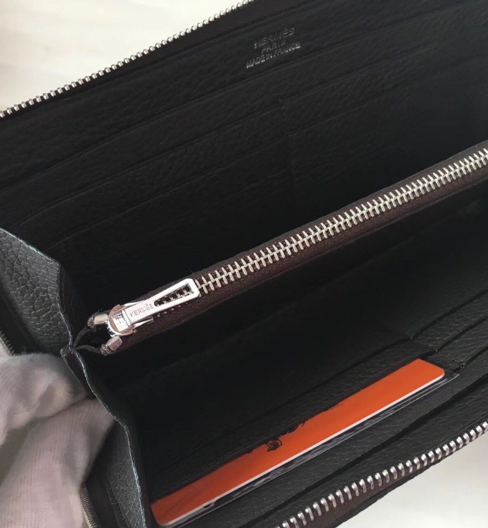 1:1 Replica Hermes Silk'In Classique Long Wallet 20cm /7.9in Silver Toned Hardware For Women Black