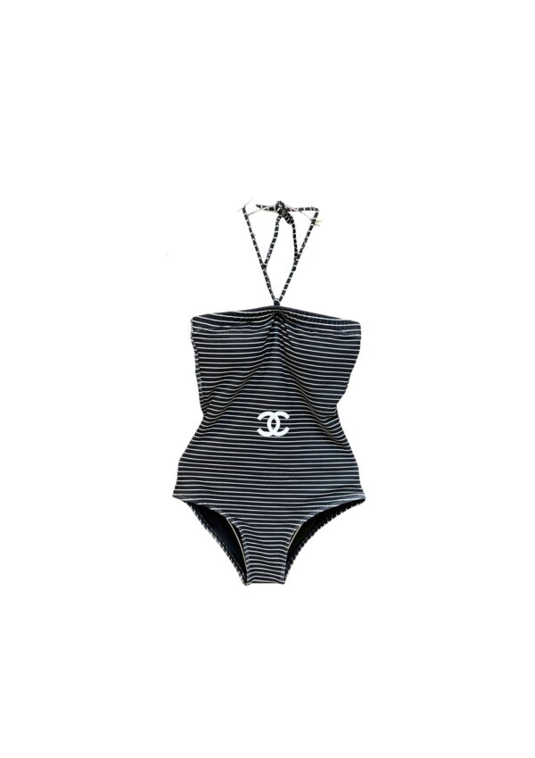 Horizontal Striped One Piece Swimsuit Black For Women
