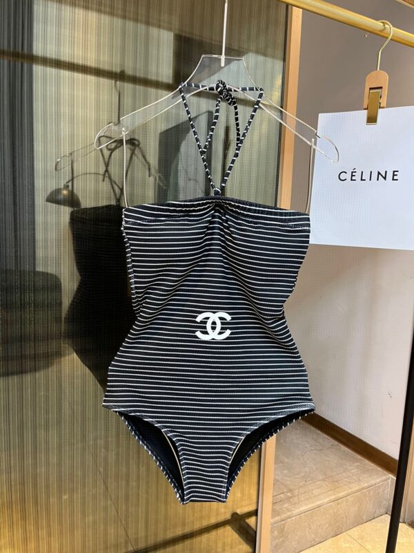 Horizontal Striped One Piece Swimsuit Black For Women