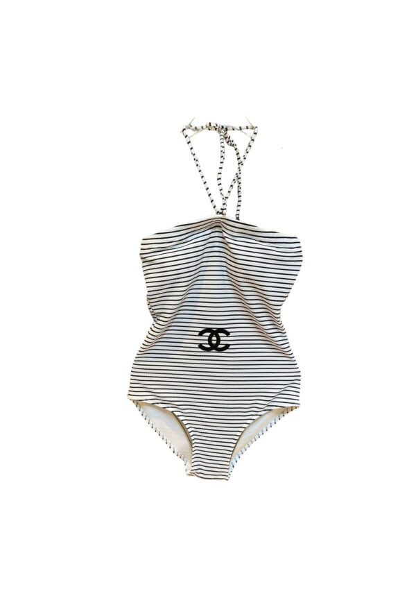 Horizontal Striped One Piece Swimsuit White For Women