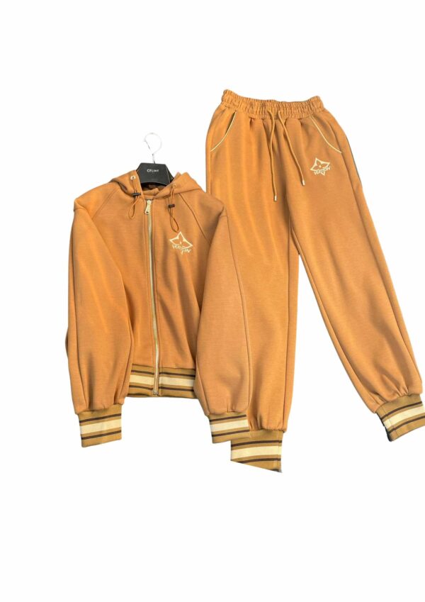 Horizontal Stripes Elastic Hem Jacket And Jogging Pants Brown For Women