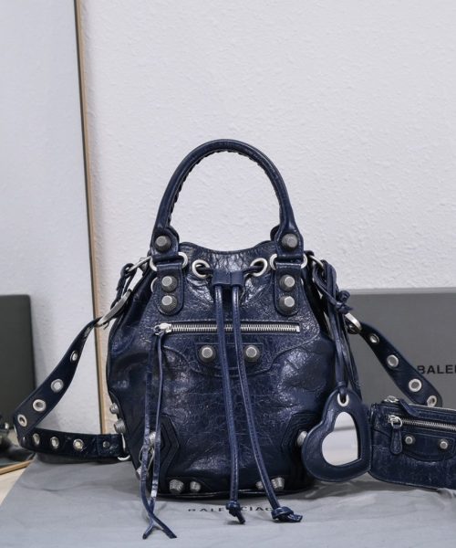 Le Cagole Small Bucket Bag In Black/Dark Blue/Sliver Tone For Women 11.8in/30 cm 7024321VG9Y1000