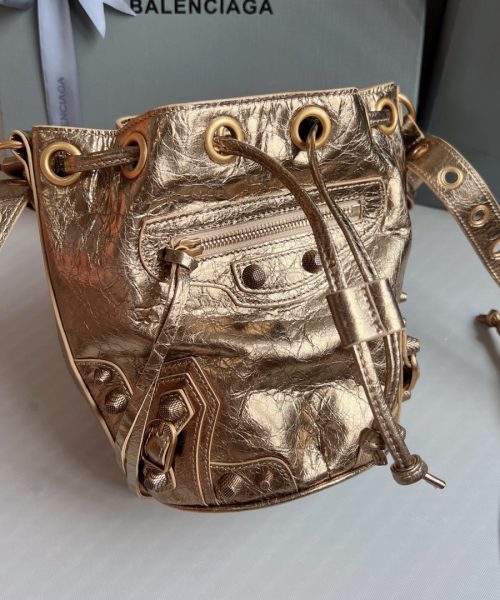 Le Cagole Xs Bucket Bag Metallized With Rhinestones In Gold Tone For Women 7.8in/20 cm 702431210D48006
