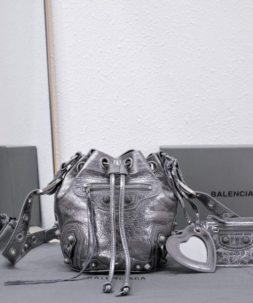 Le Cagole Xs Bucket Bag Metallized With Rhinestones In Gold Tone/Sliver Tone/Grey For Women 7.8in/20 cm